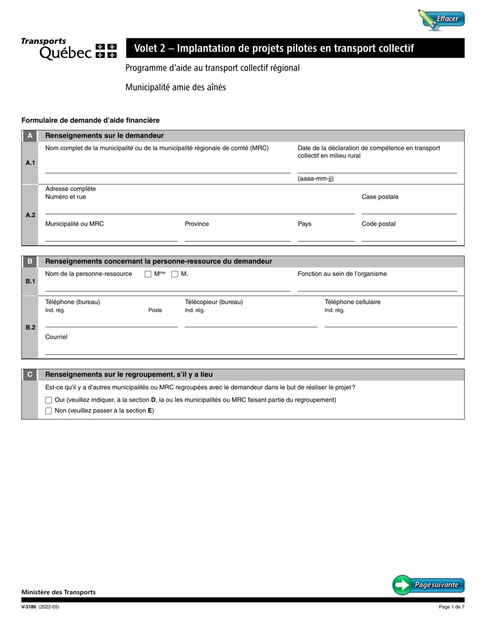 Forme V-3186 Volet 2 - Implantation De Projets Pilotes En Transport Collectif - Quebec, Canada (French), Page 1