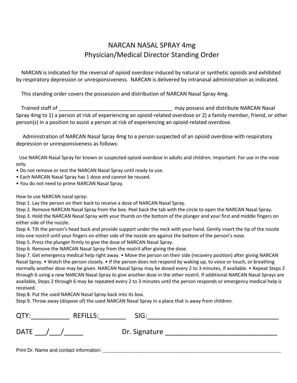 Instructions for Narcan Nasal Spray 4mg Physician / Medical Director Standing Order - Nevada, Page 1