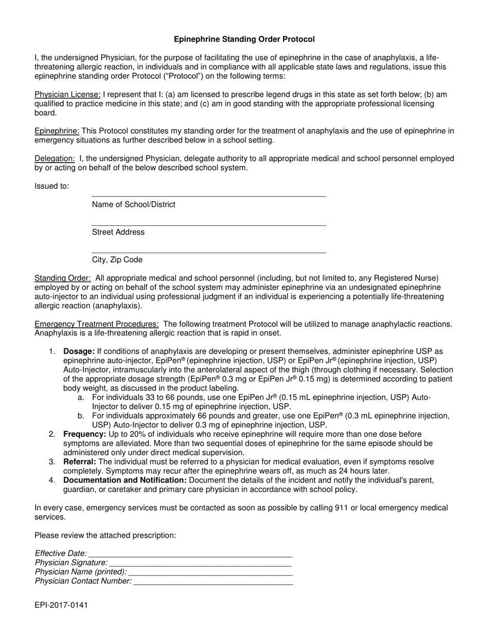 Form EPI-2017-0141 Epinephrine Standing Order Protocol - Nevada, Page 1