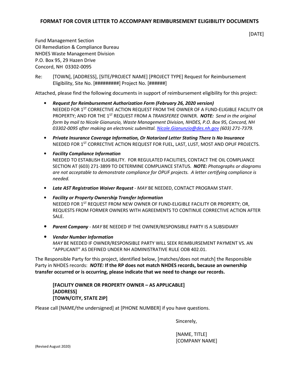 Format for Cover Letter to Accompany Reimbursement Eligibility Documents - New Hampshire, Page 1
