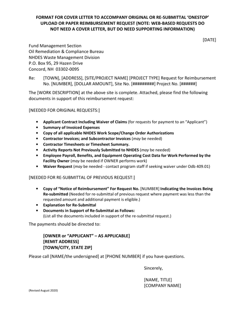 Format for Cover Letter to Accompany Original or Re-submittal &#039;onestop&#039; Upload or Paper Reimbursement Request - New Hampshire