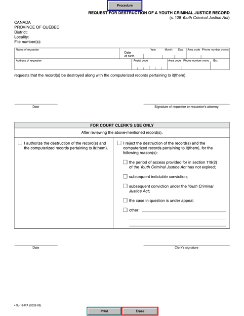 Form SJ-1247A Request for Destruction of a Youth Criminal Justice Record - Quebec, Canada