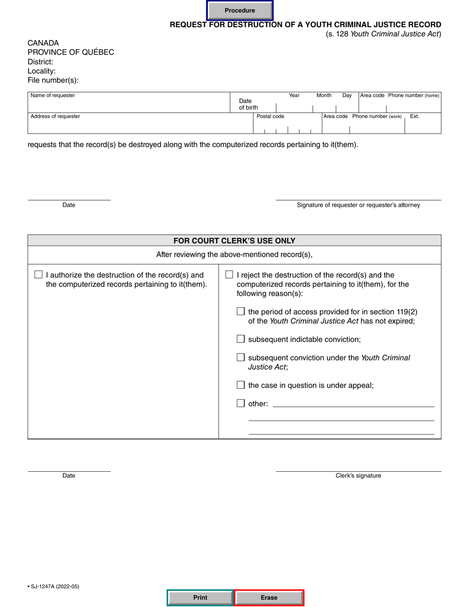 Form SJ-1247A Request for Destruction of a Youth Criminal Justice Record - Quebec, Canada, Page 1