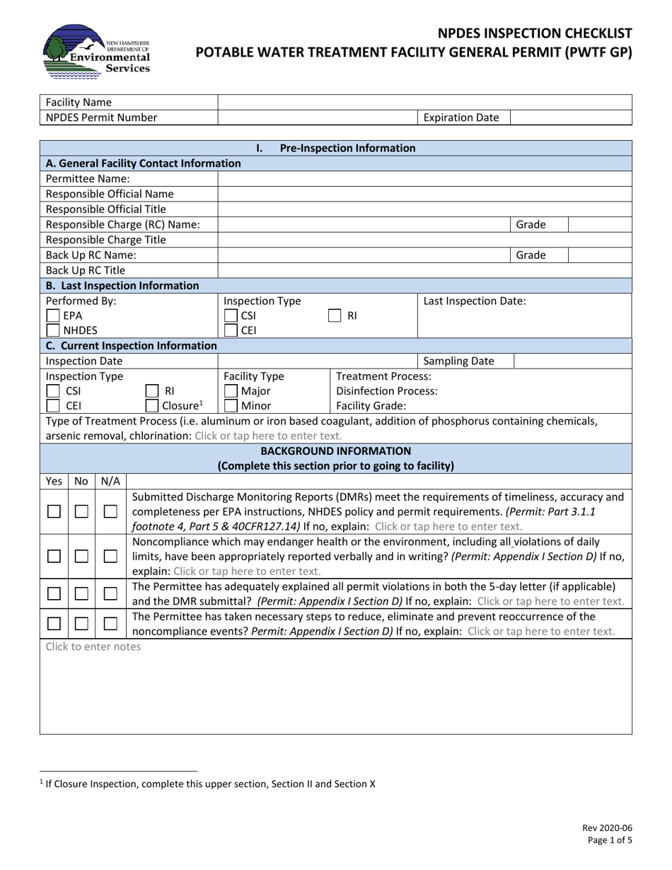 Potable Water Treatment Facility General Permit Inspection Checklist - New Hampshire, Page 1