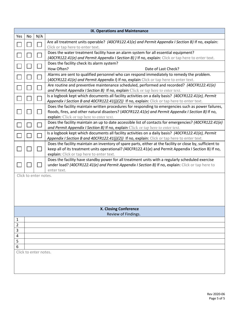 Potable Water Treatment Facility General Permit Inspection Checklist - New Hampshire, Page 5