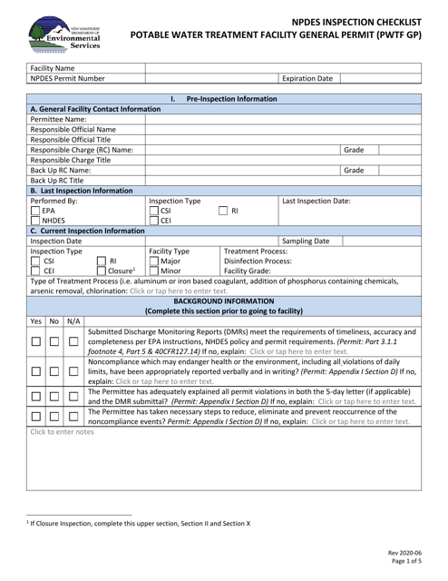 Potable Water Treatment Facility General Permit Inspection Checklist - New Hampshire Download Pdf
