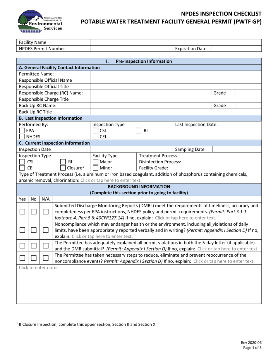 New Hampshire Potable Water Treatment Facility General Permit ...