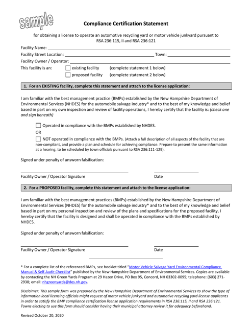 Compliance Certification Statement - Sample - New Hampshire