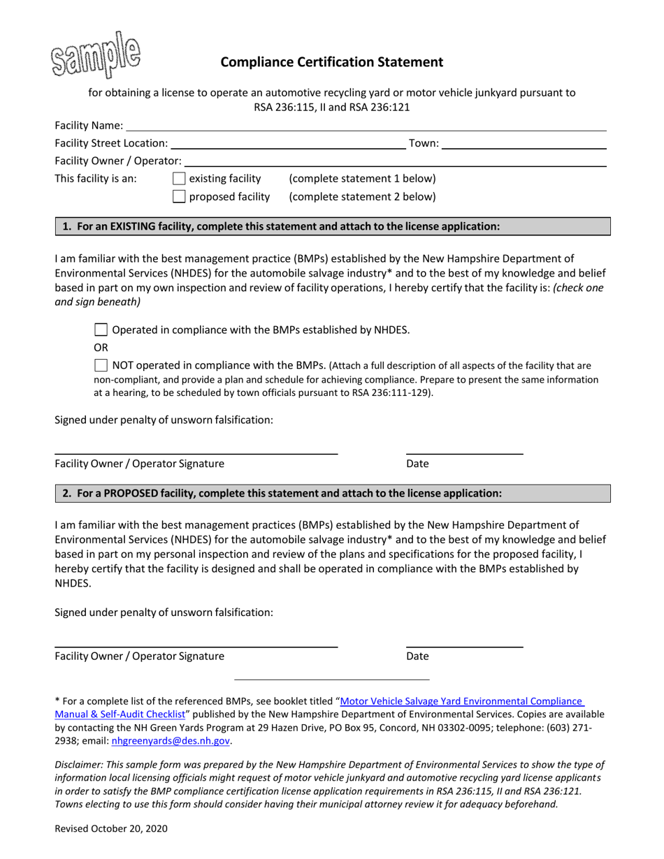 New Hampshire Compliance Certification Statement - Sample - Fill Out ...