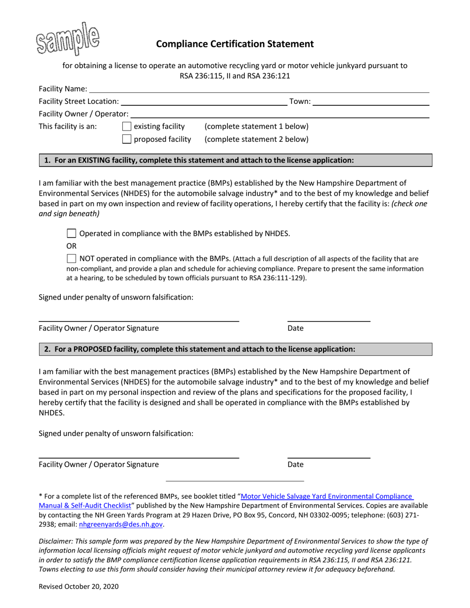 Compliance Certification Statement - Sample - New Hampshire, Page 1