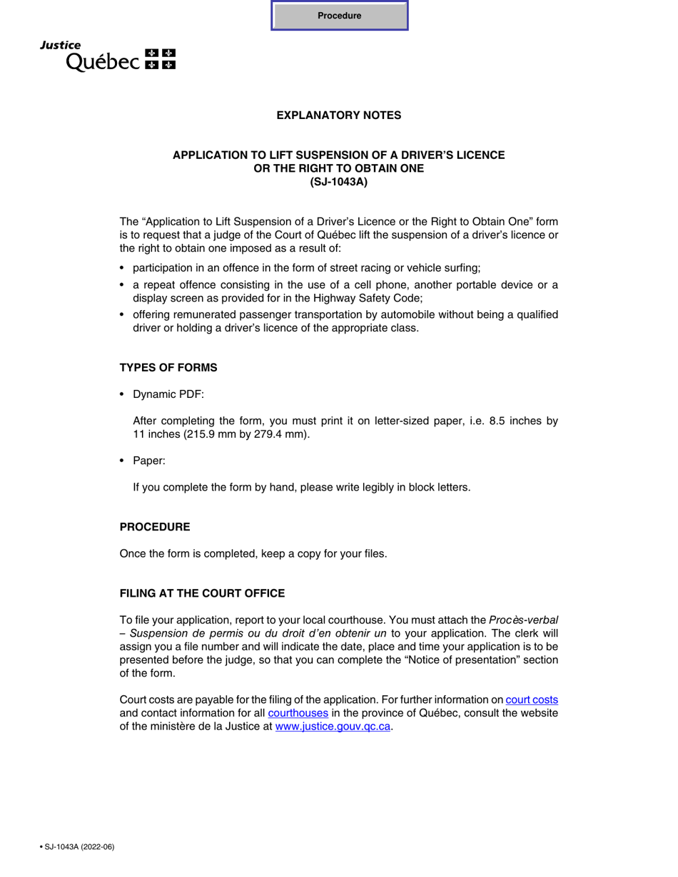 Form SJ-1043A Application to Lift Suspension of a Drivers Licence or the Right to Obtain One - Quebec, Canada, Page 1