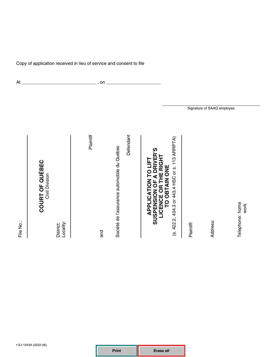 Form SJ-1043A Application to Lift Suspension of a Drivers Licence or the Right to Obtain One - Quebec, Canada, Page 5
