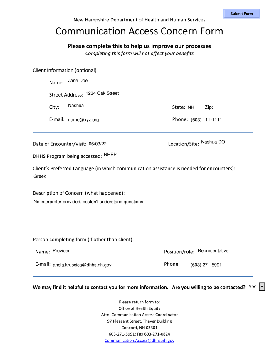 Sample Communication Access Concern Form - New Hampshire, Page 1