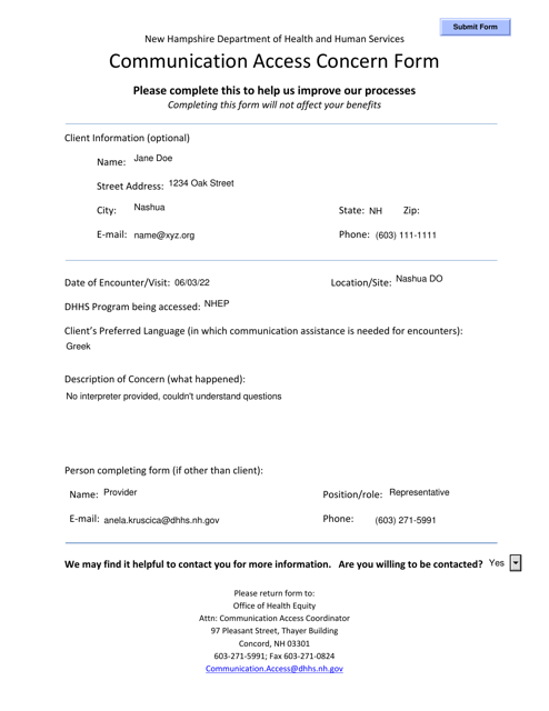Sample Communication Access Concern Form - New Hampshire Download Pdf