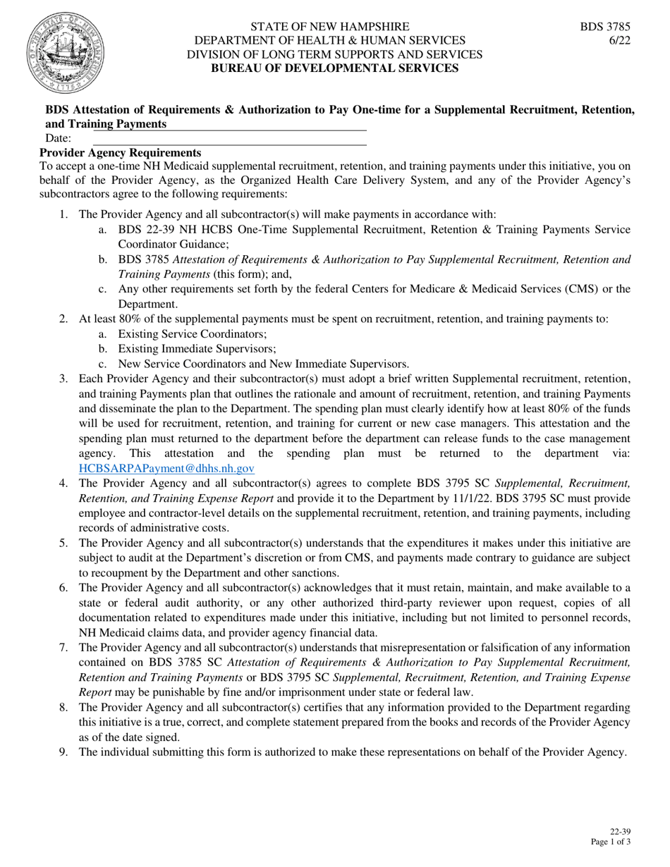 Form BDS3785 Bds Attestation of Requirements  Authorization to Pay One-Time for a Supplemental Recruitment, Retention, and Training Payments - New Hampshire, Page 1
