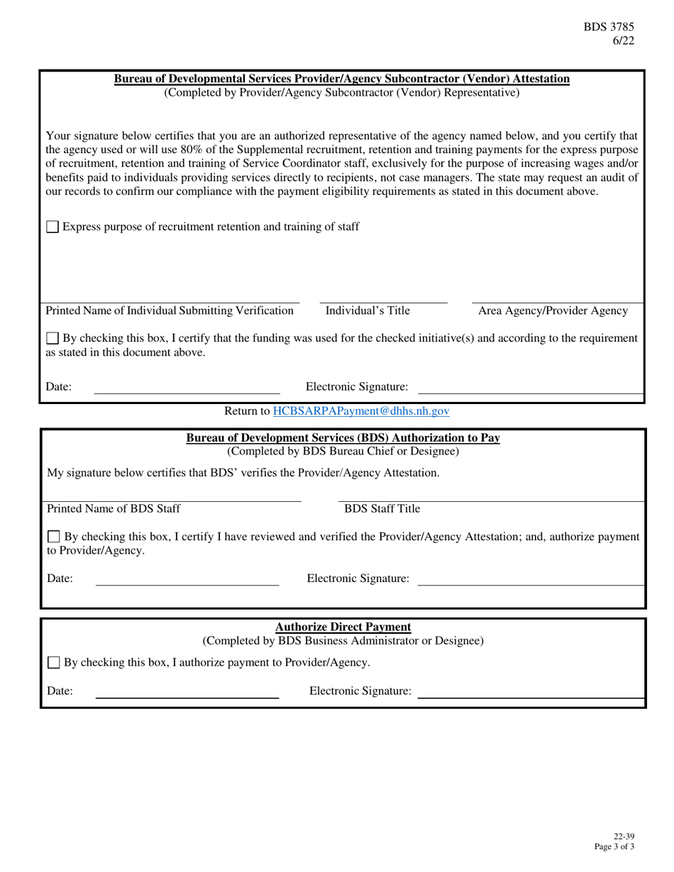 Form BDS3785 Bds Attestation of Requirements  Authorization to Pay One-Time for a Supplemental Recruitment, Retention, and Training Payments - New Hampshire, Page 3