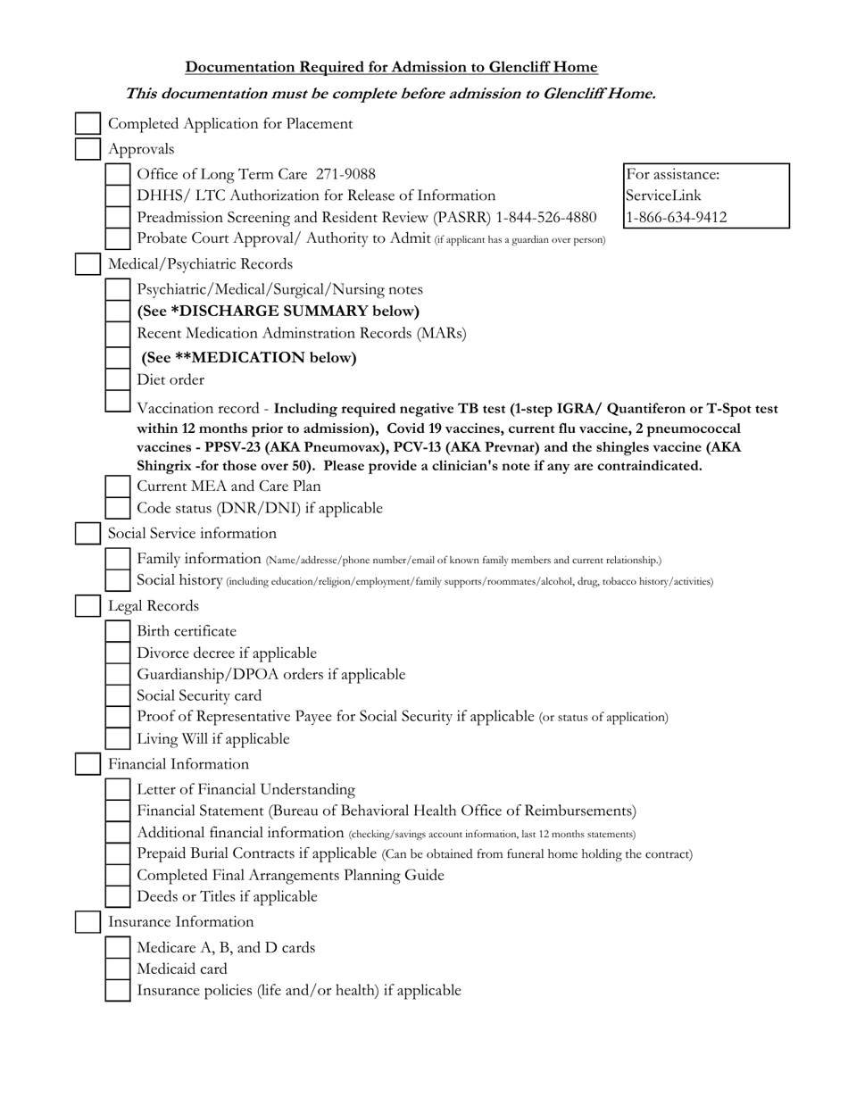 New Hampshire Documentation Required for Admission to Glencliff Home Fill Out, Sign Online and