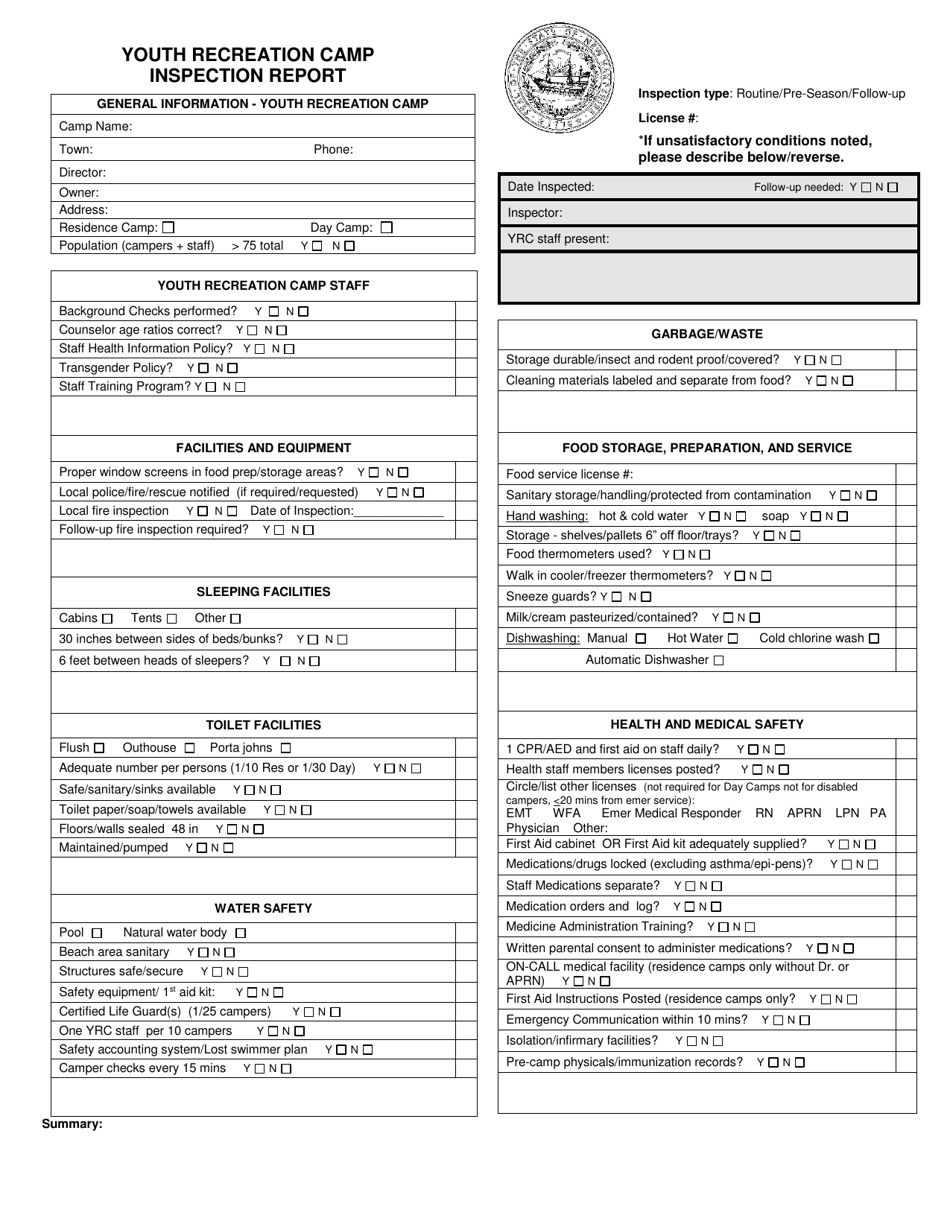 Youth Recreation Camp Inspection Report - New Hampshire, Page 1