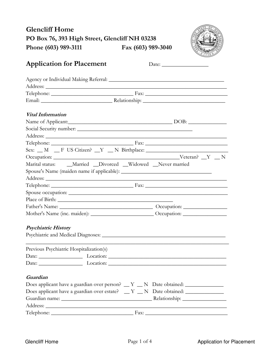 Application for Placement - New Hampshire, Page 1