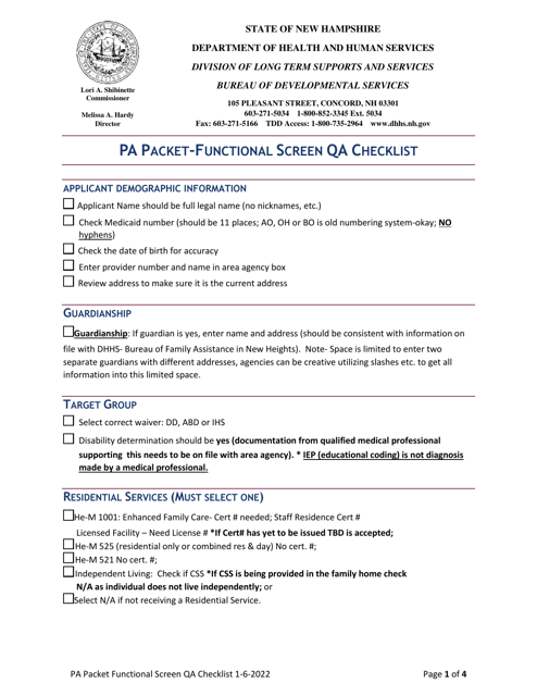 Pa Packet-Functional Screen Qa Checklist - New Hampshire Download Pdf