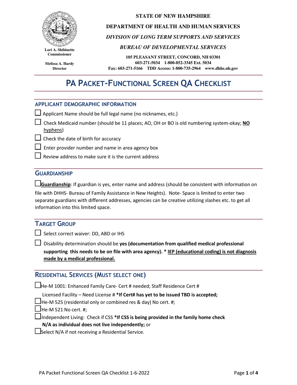 Pa Packet-Functional Screen Qa Checklist - New Hampshire, Page 1