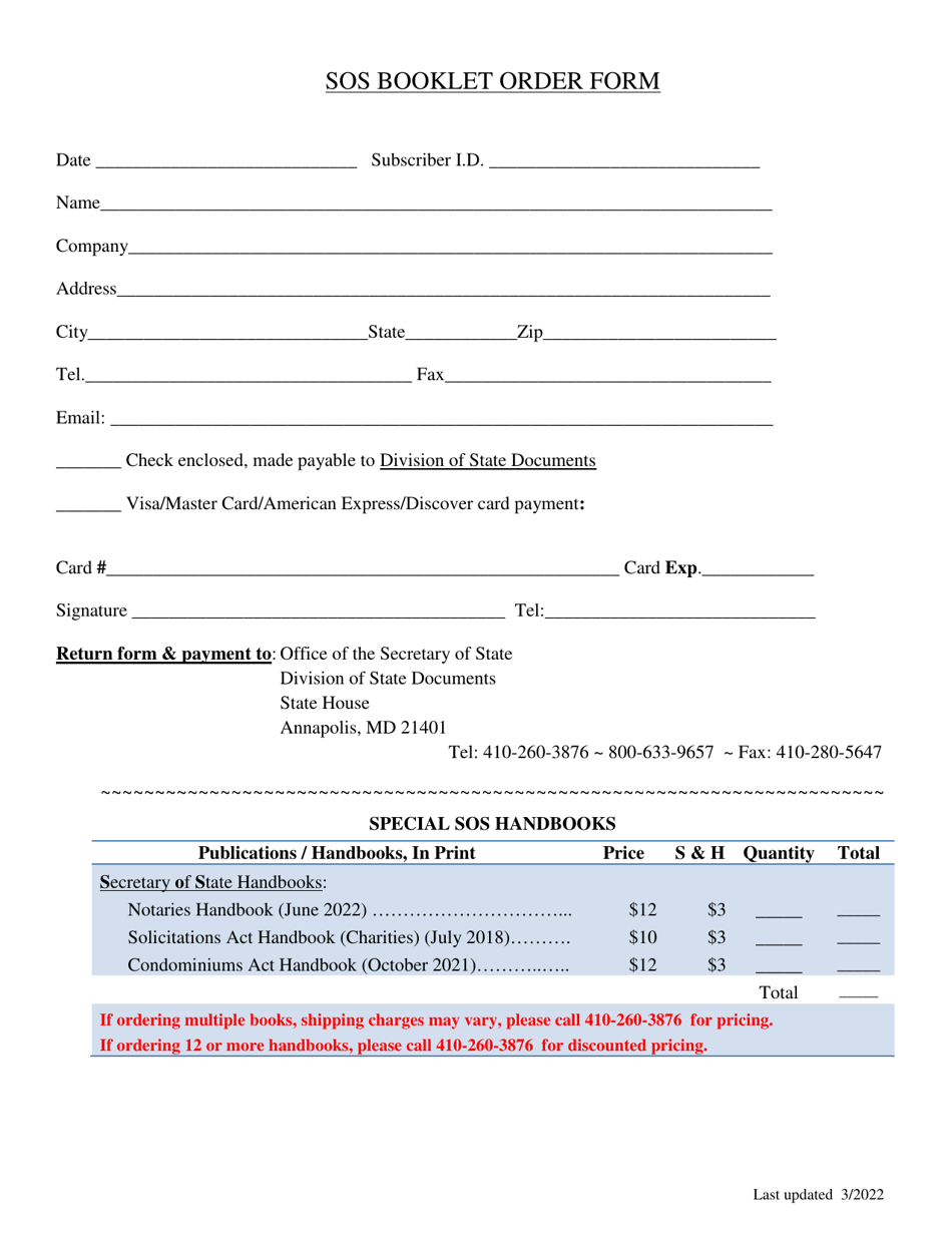 Sos Booklet Order Form - City: Annapolis, Maryland, Page 1