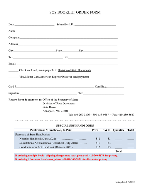 Sos Booklet Order Form - City: Annapolis, Maryland
