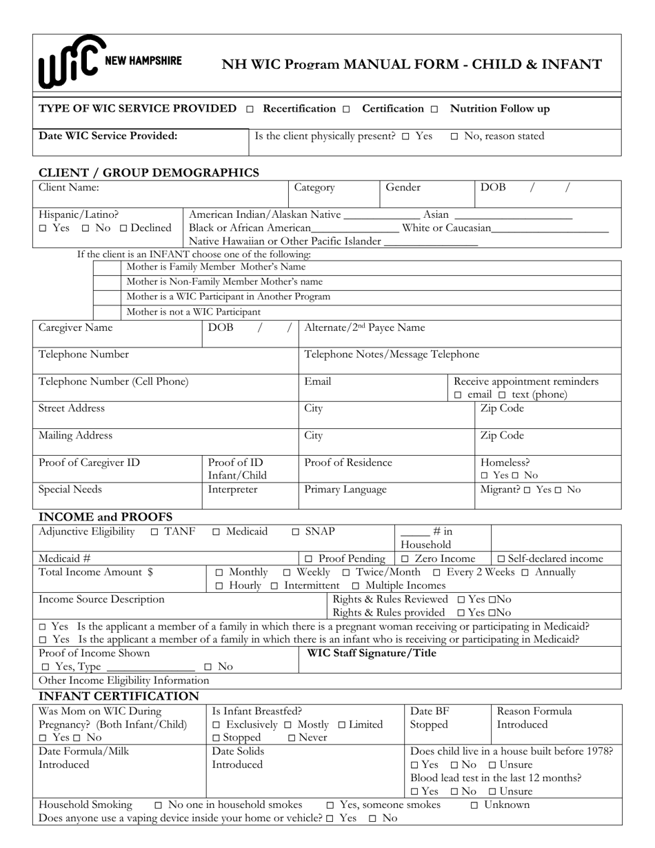 Nh Wic Program Manual Form - Child  Infant - New Hampshire, Page 1