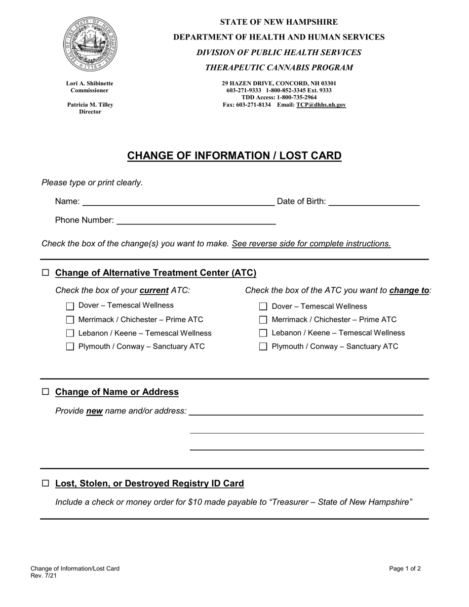 Change of Information / Lost Card - New Hampshire, Page 1