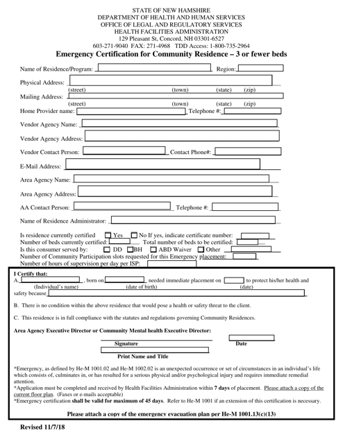 Emergency Certification for Community Residence - 3 or Fewer Beds - New Hampshire Download Pdf