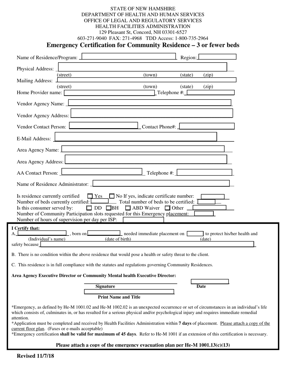 Emergency Certification for Community Residence - 3 or Fewer Beds - New Hampshire, Page 1