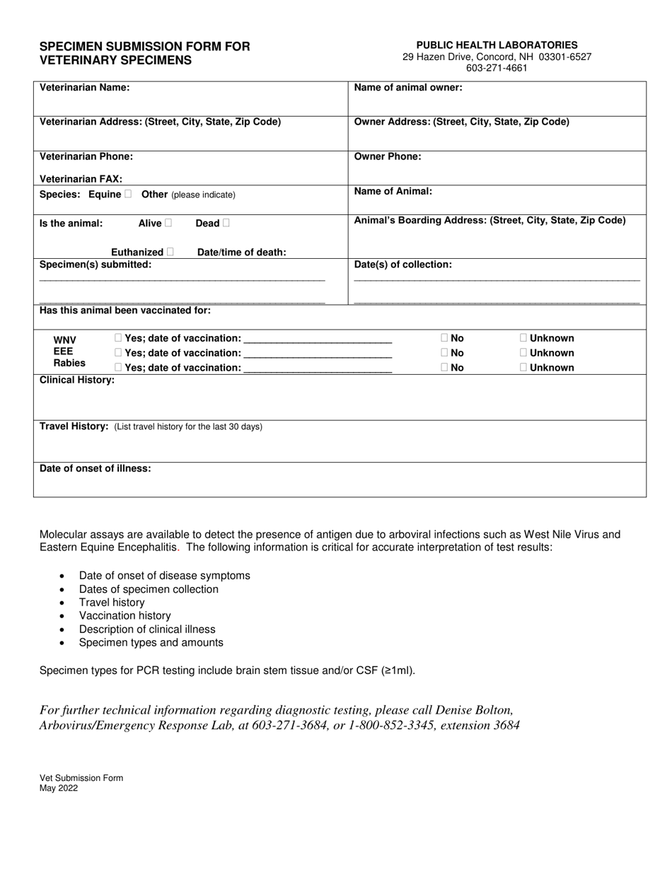 Specimen Submission Form for Veterinary Specimens - New Hampshire, Page 1