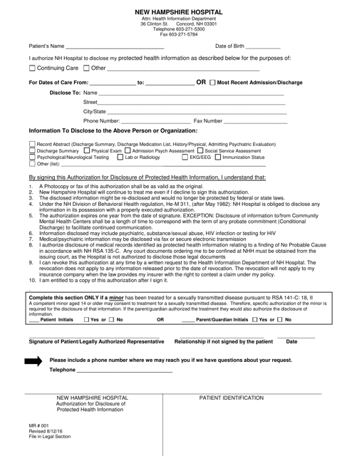 Form MR001 New Hampshire Hospital Authorization for Disclosure of Protected Health Information - New Hampshire