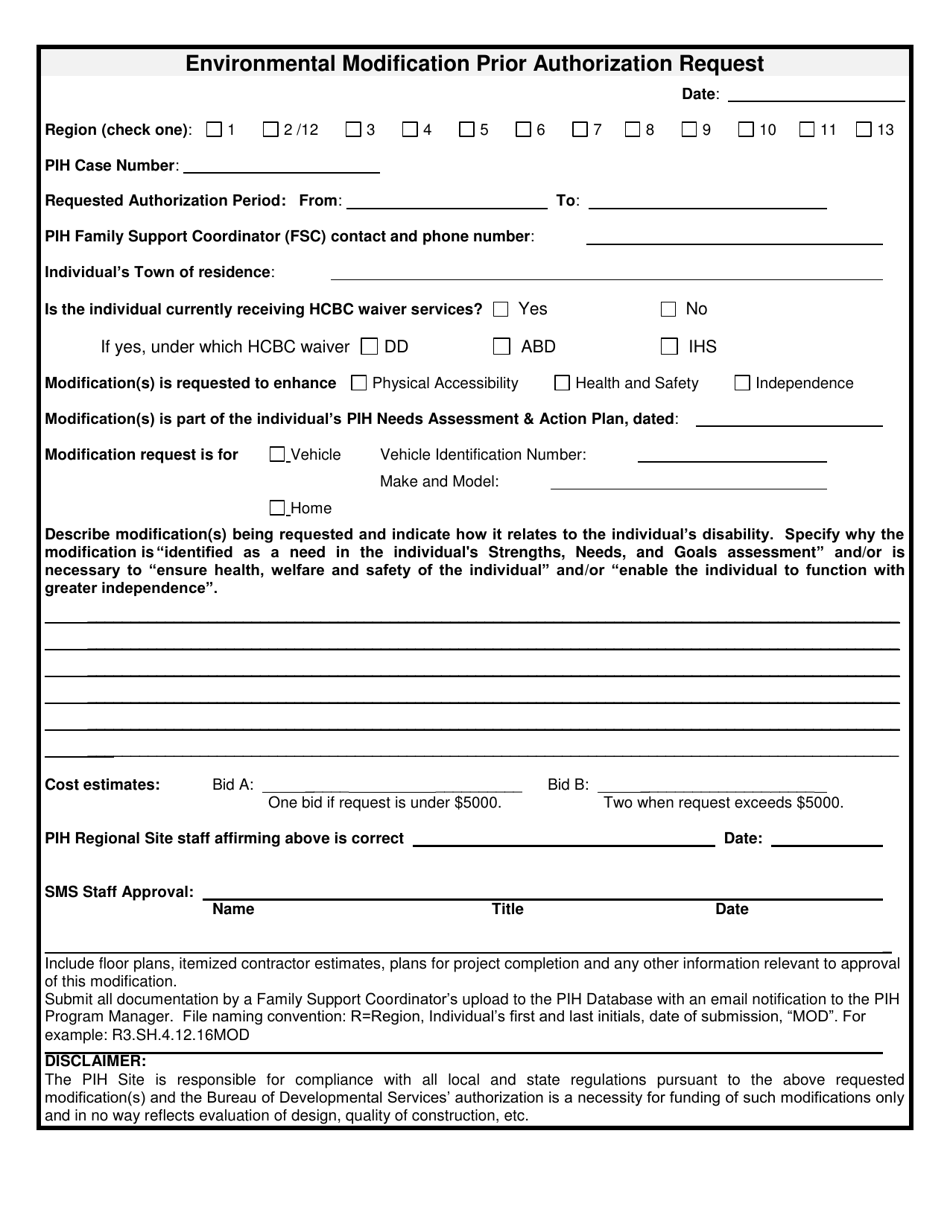 Environmental Modification Prior Authorization Request - New Hampshire, Page 1