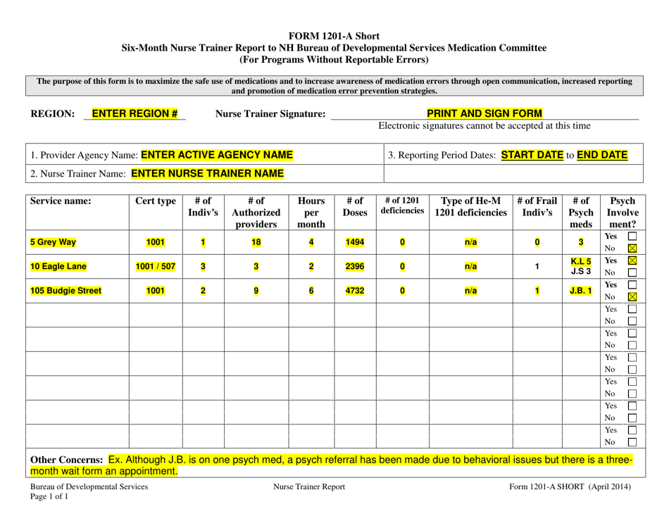 Instructions for Form 1201-A SHORT Six-Month Nurse Trainer Report to Nh Bureau of Developmental Services Medication Committee (For Programs Without Reportable Errors) - New Hampshire, Page 1