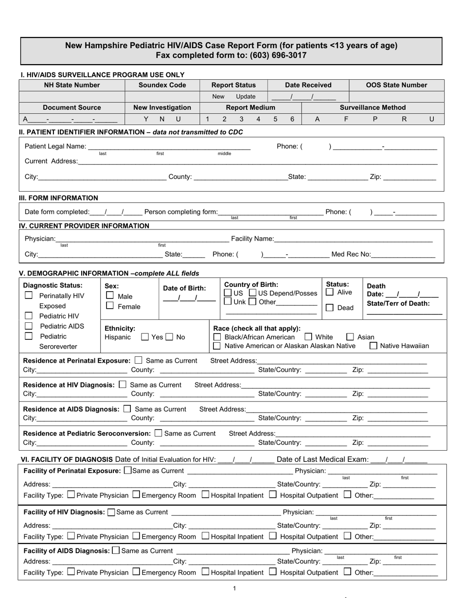 Pediatric HIV / AIDS Case Report Form (For Patients 13 Years of Age) - New Hampshire, Page 1