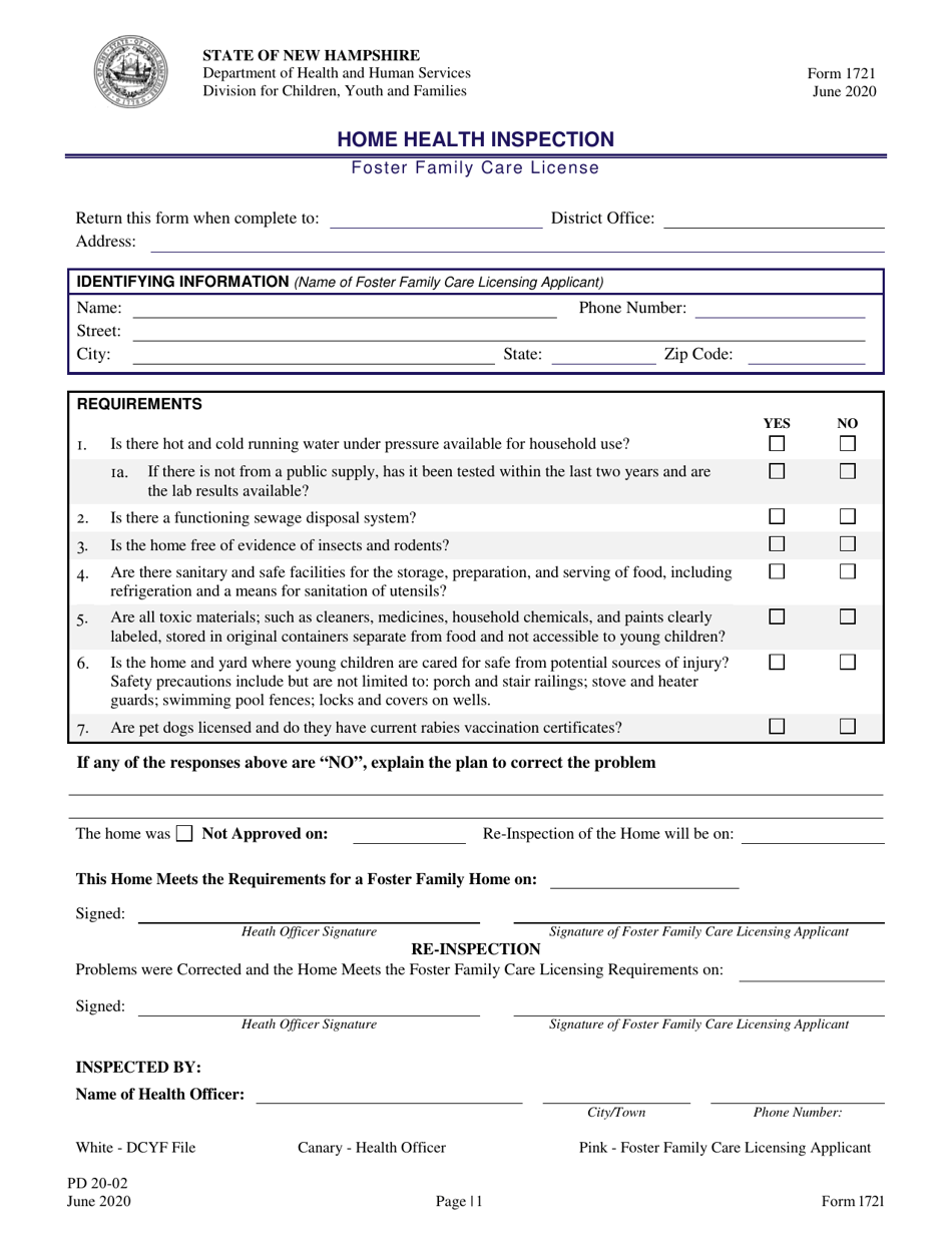 Form 1721 Home Health Inspection - Foster Family Care License - New Hampshire, Page 1