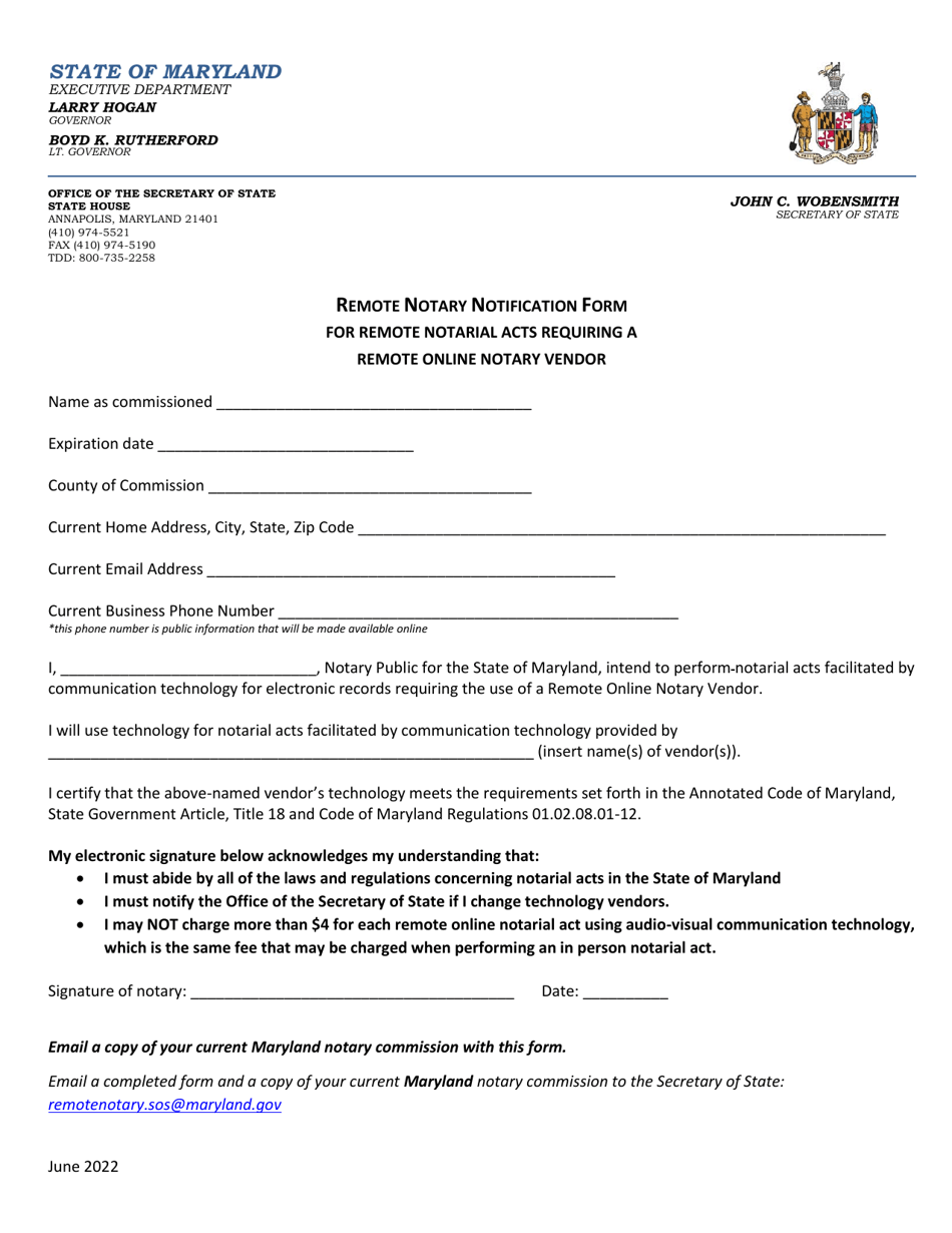 Remote Notary Notification Form for Remote Notarial Acts Requiring a Remote Online Notary Vendor - Maryland, Page 1