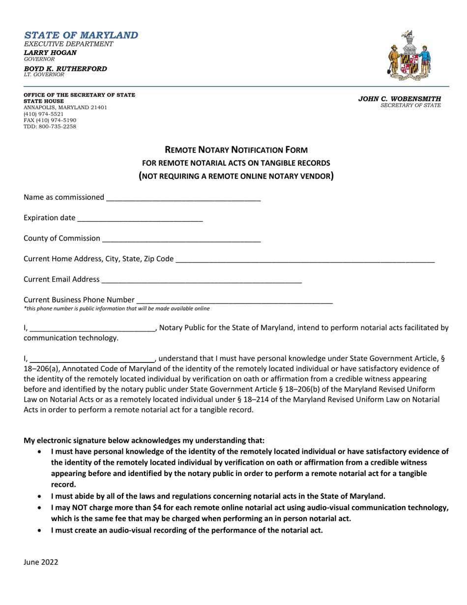 Remote Notary Notification Form for Remote Notarial Acts on Tangible Records (Not Requiring a Remote Online Notary Vendor) - Maryland, Page 1