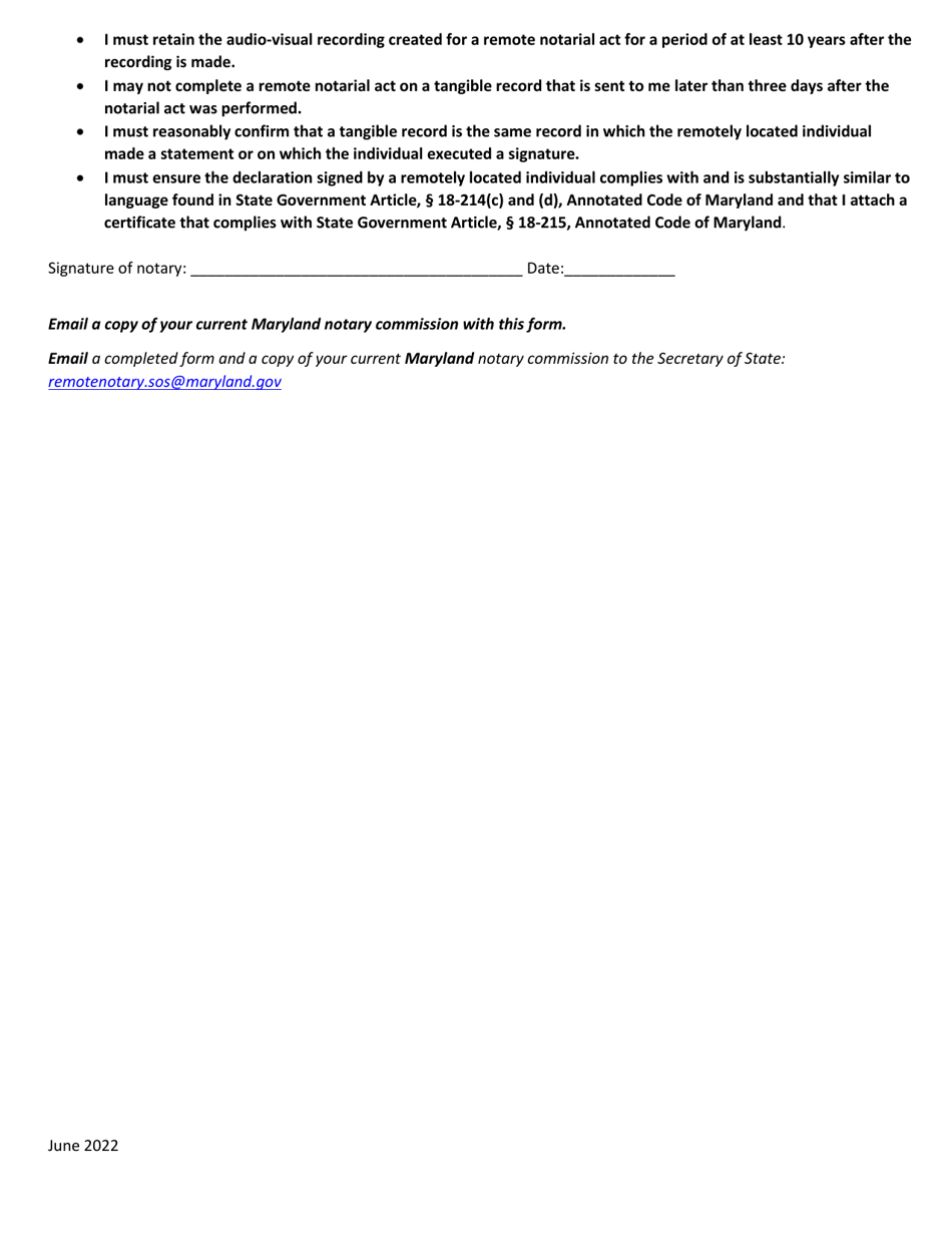 Remote Notary Notification Form for Remote Notarial Acts on Tangible Records (Not Requiring a Remote Online Notary Vendor) - Maryland, Page 2