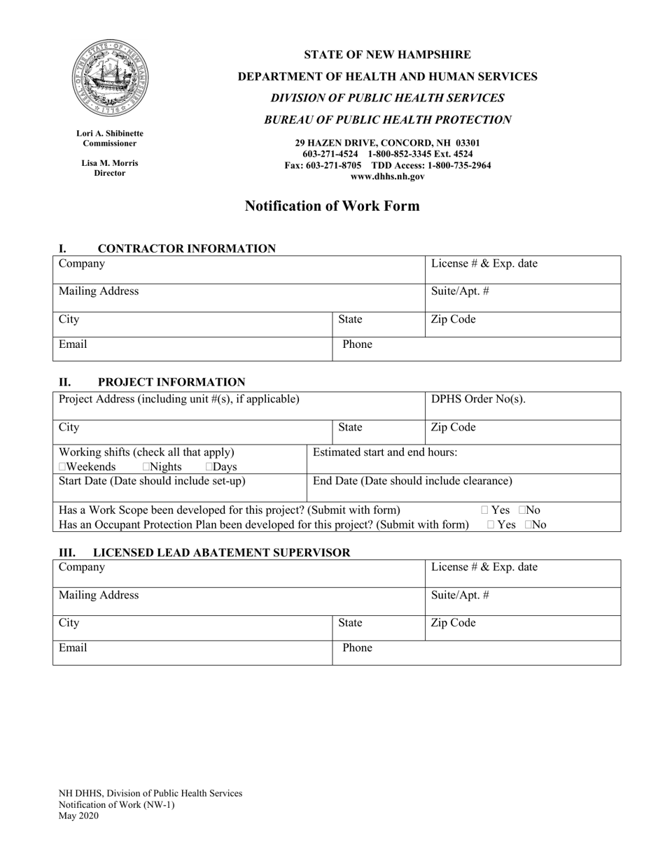 Form NW-1 Notification of Work Form - New Hampshire, Page 1