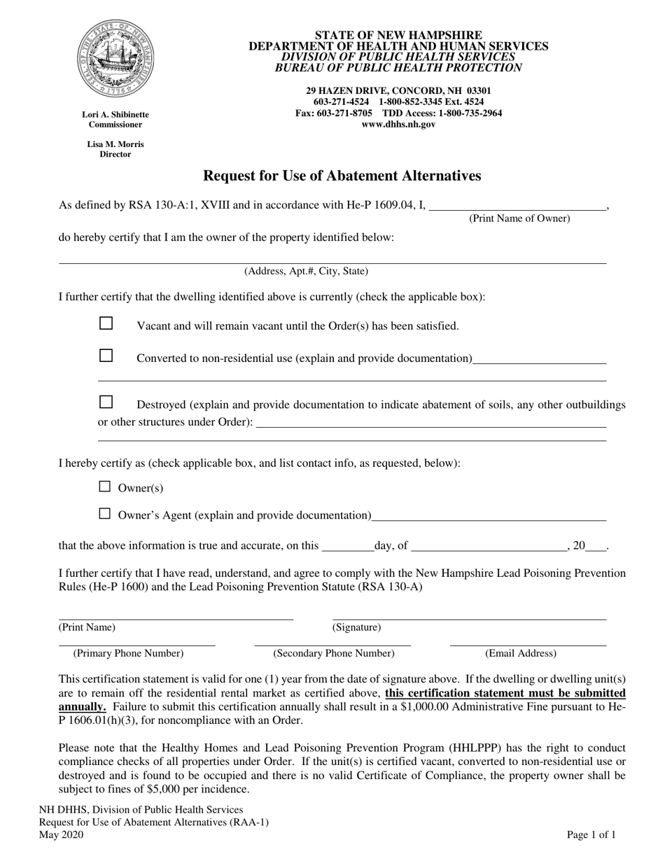 Form RAA-1 Request for Use of Abatement Alternatives - New Hampshire, Page 1