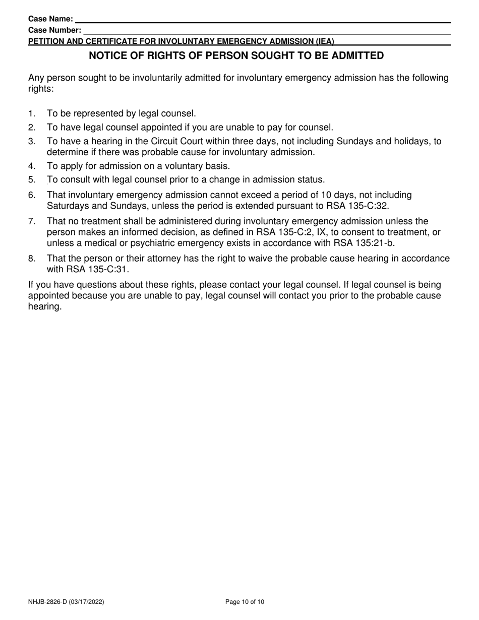 Form NHJB-2826-D Petition and Certificate for Involuntary Emergency Admission (Iea) - New Hampshire, Page 10
