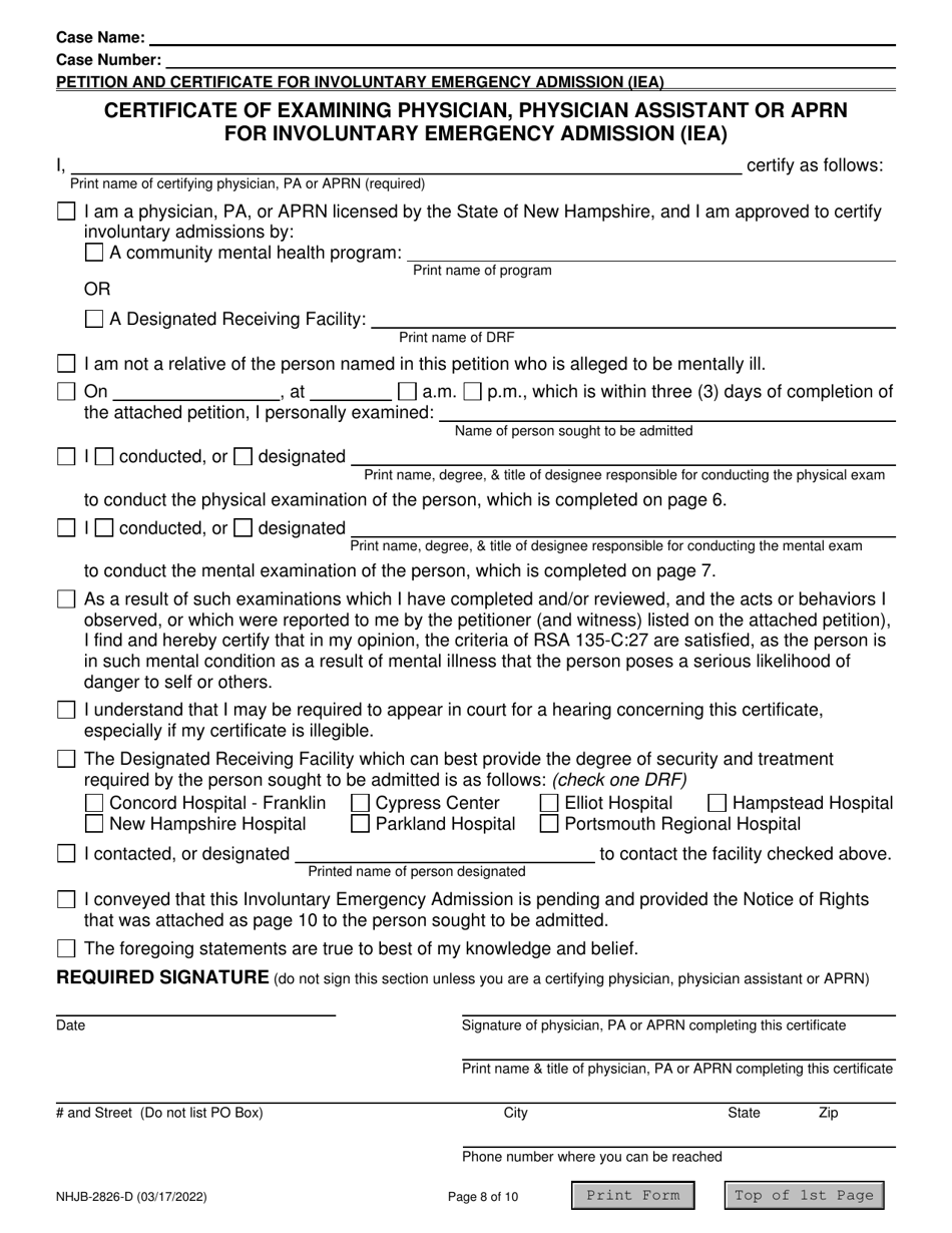 Form NHJB-2826-D Petition and Certificate for Involuntary Emergency Admission (Iea) - New Hampshire, Page 8