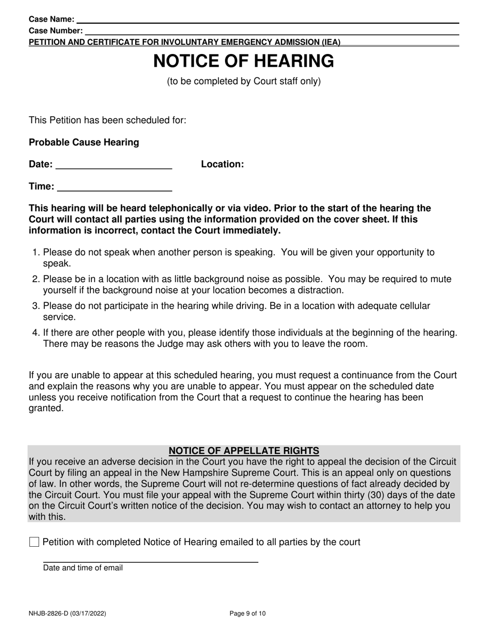 Form NHJB-2826-D Petition and Certificate for Involuntary Emergency Admission (Iea) - New Hampshire, Page 9
