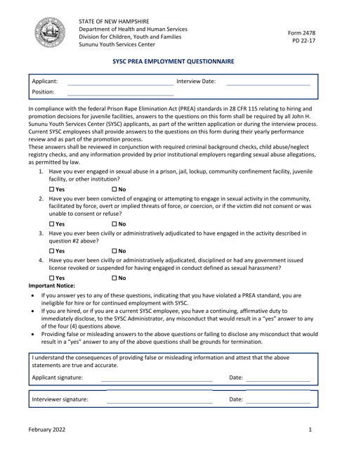 Form 2478 (PD22-17) Sysc Prea Employment Questionnaire - New Hampshire