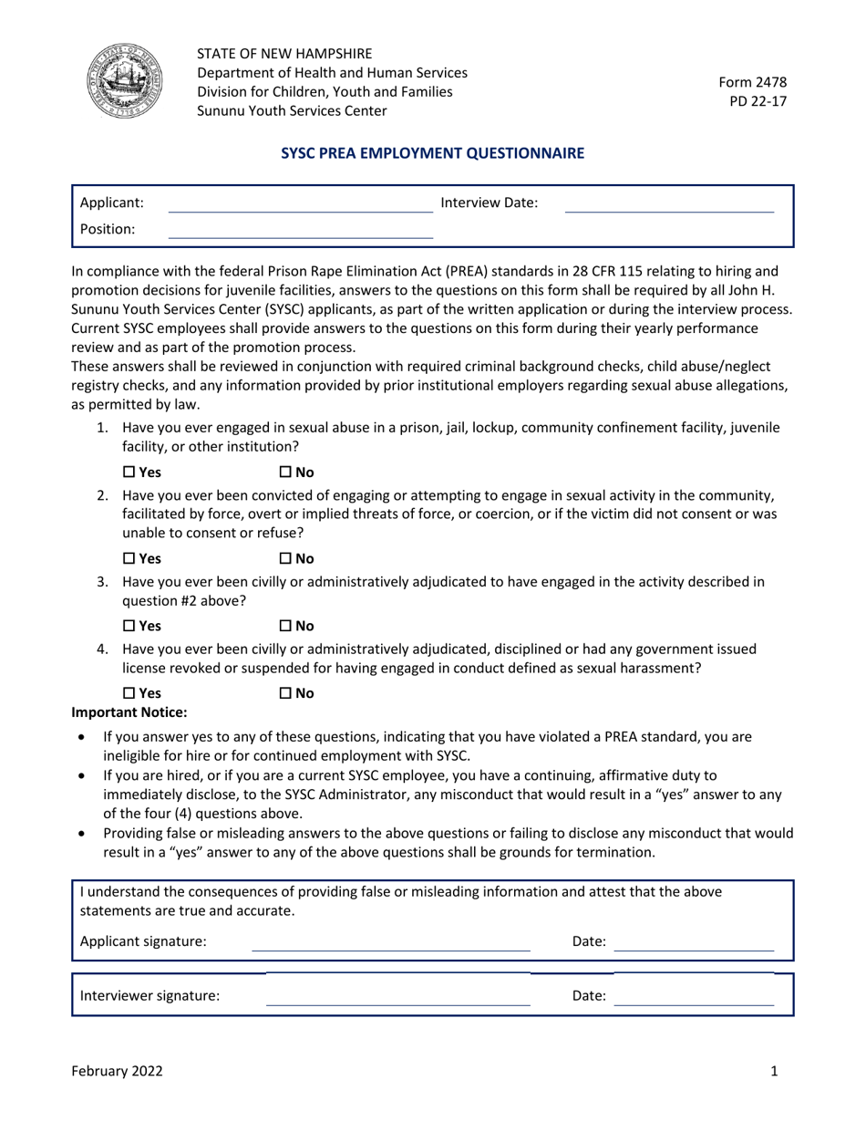 Form 2478 (PD22-17) Sysc Prea Employment Questionnaire - New Hampshire, Page 1