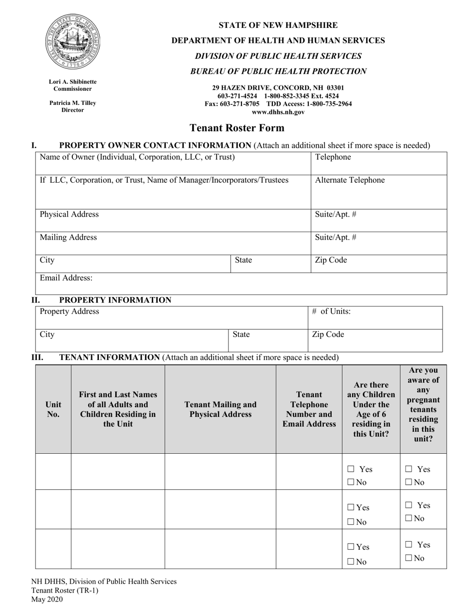 Form TR-1 Tenant Roster Form - New Hampshire, Page 1