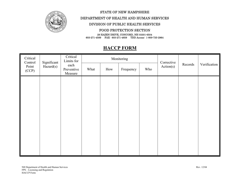 Haccp Form - New Hampshire, Page 1