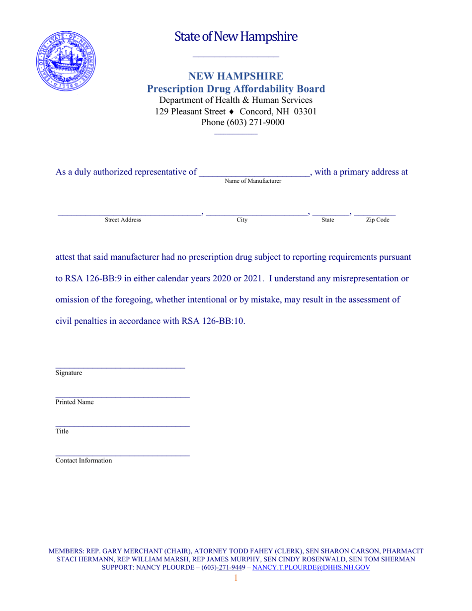 Pdab No Price Reporting Attestation Form - New Hampshire, Page 1